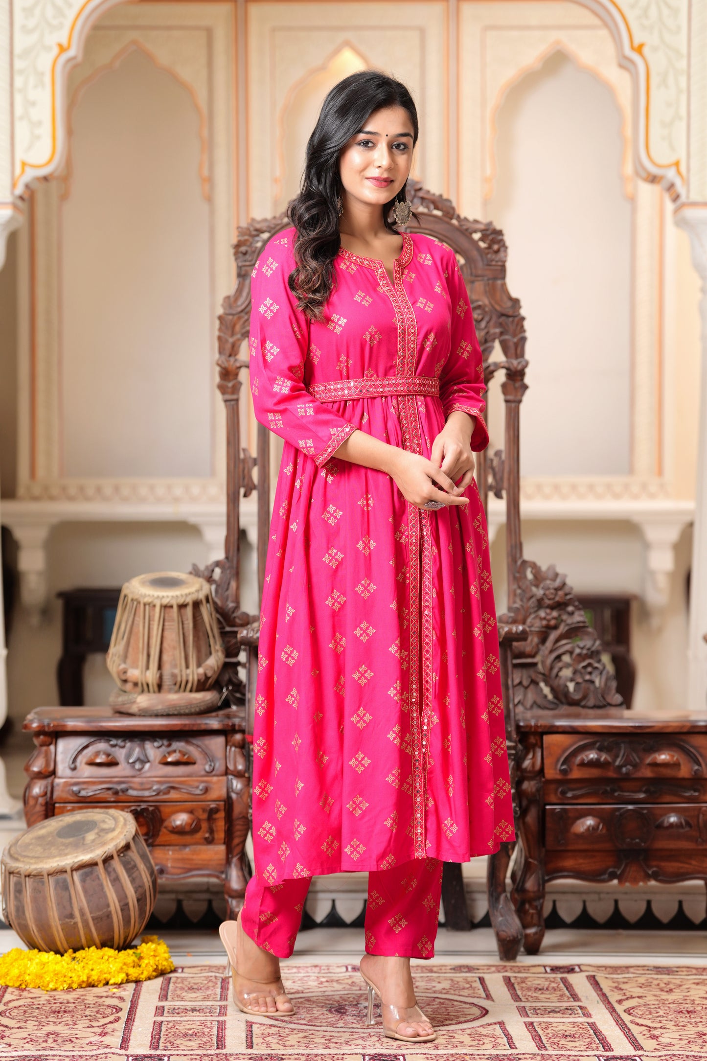 Floral Embroidered Flared Round Neck Anarkali Kurta With Trouser (Pink)
