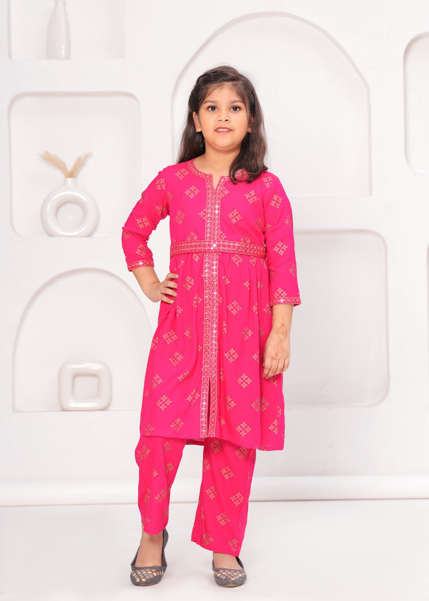 Pink Color Embroidered Printed Kurta Set For Girls