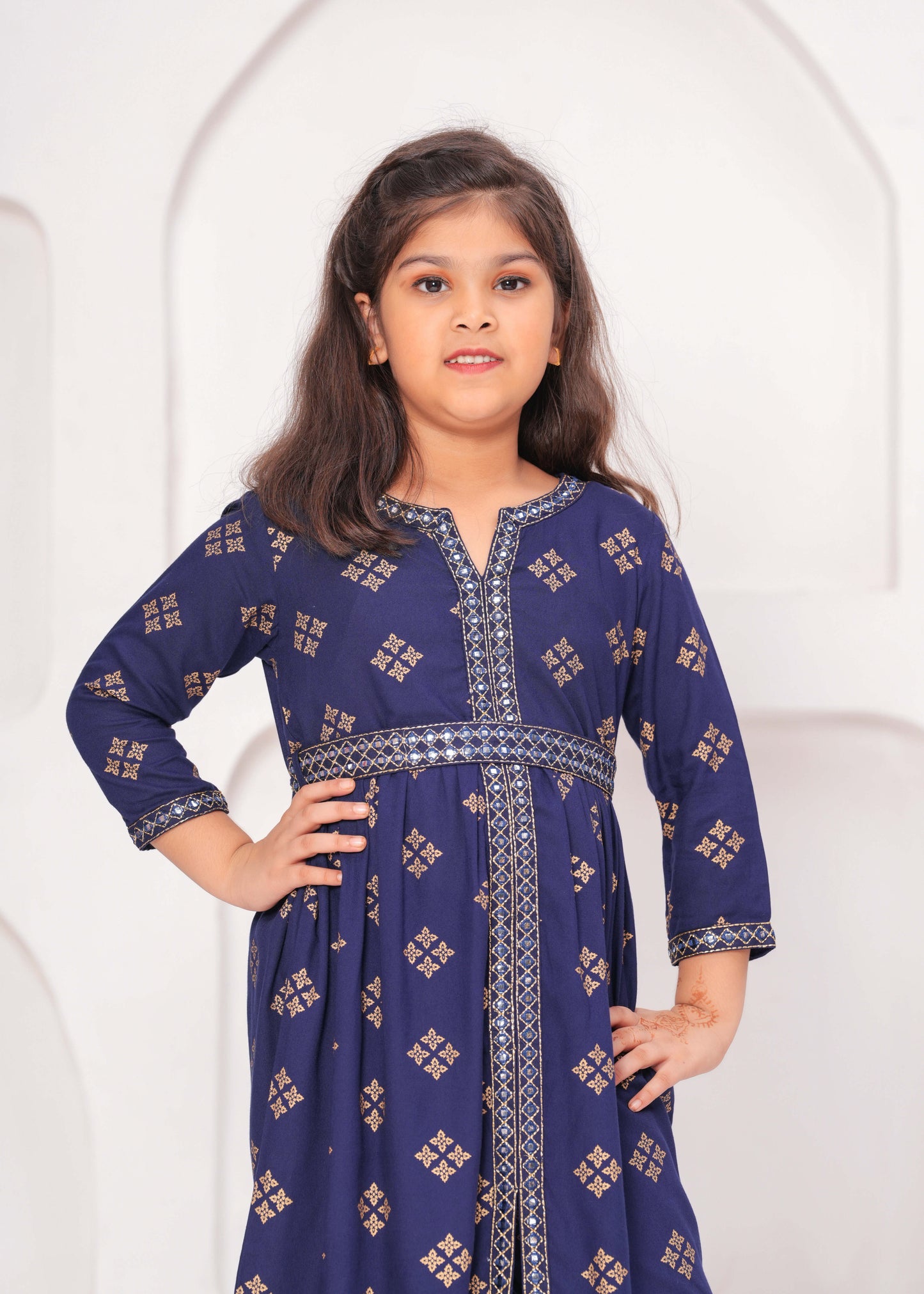 Blue Color Embroidered Printed Kurta Set For Girls
