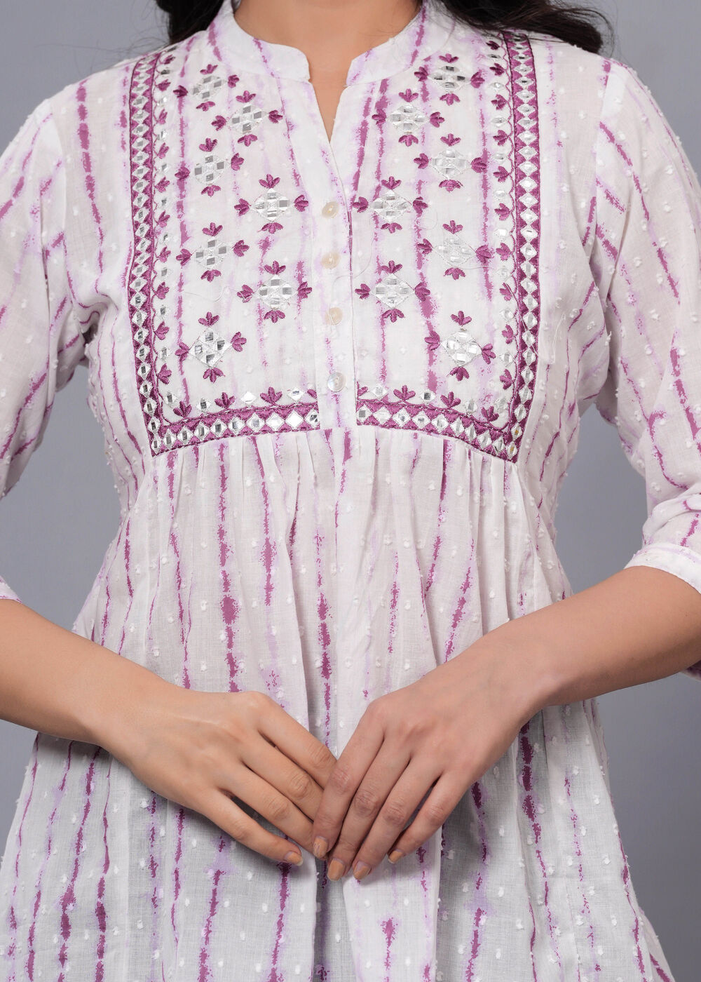 White & Pink Tie and Dye Embroidered Mandarin Collar Cotton Top