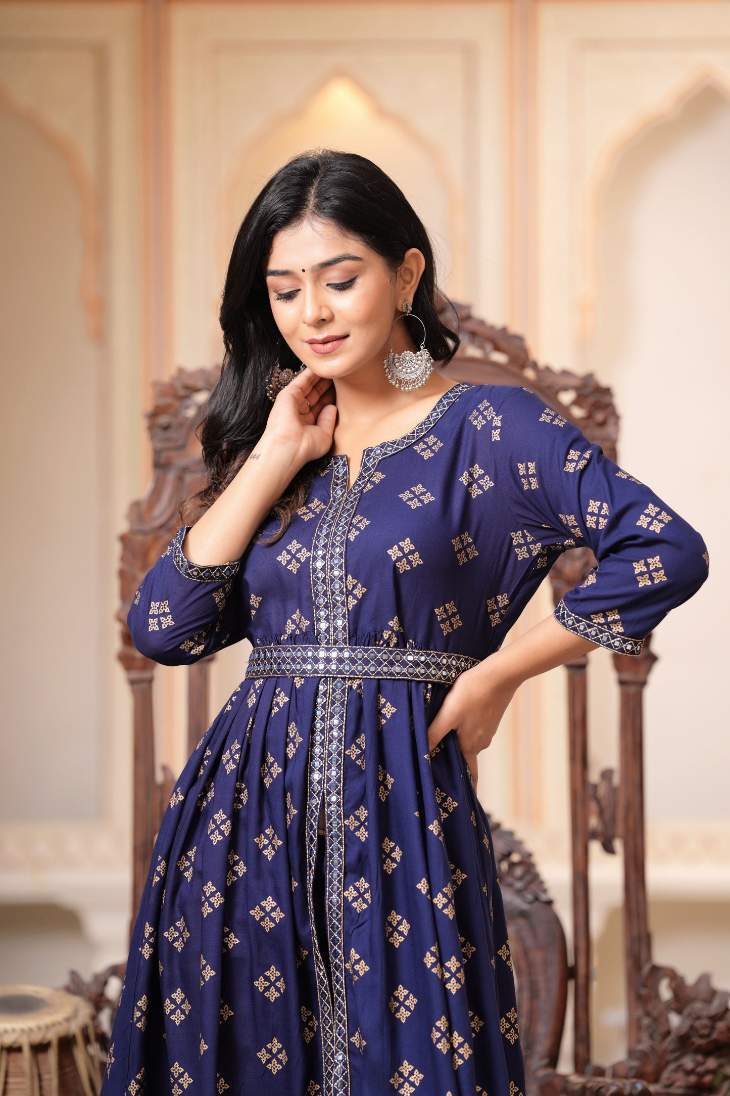 SIDDHANAM Floral Embroidered Empire Flared Anarkali Kurta With Trouser (Blue)