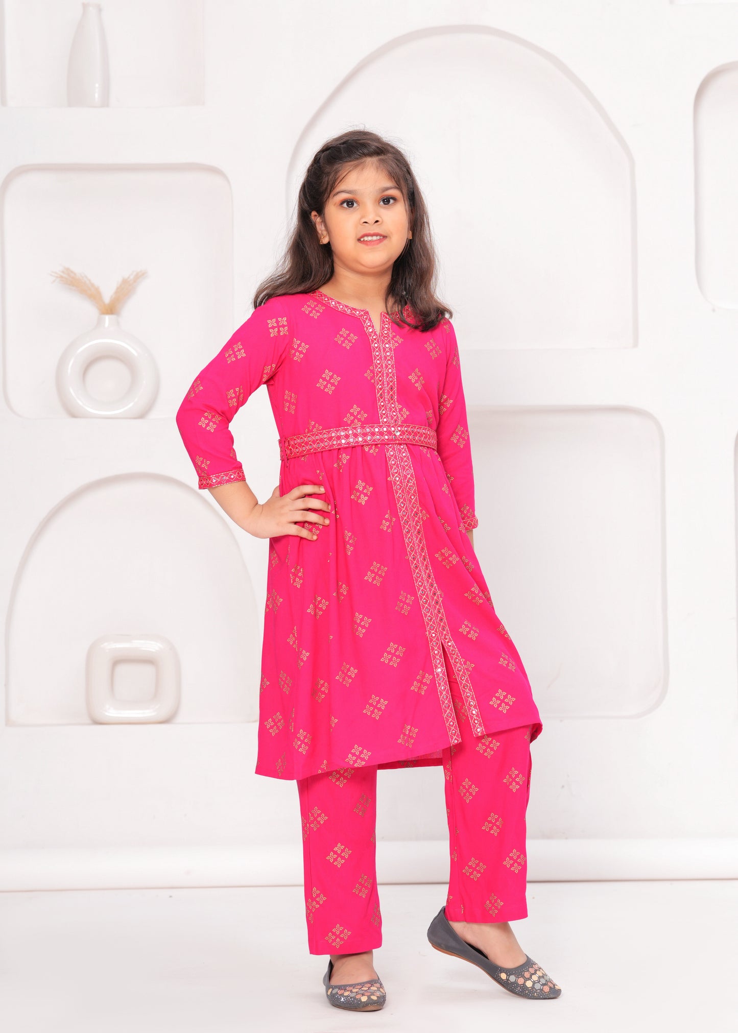 Pink Color Embroidered Printed Kurta Set For Girls