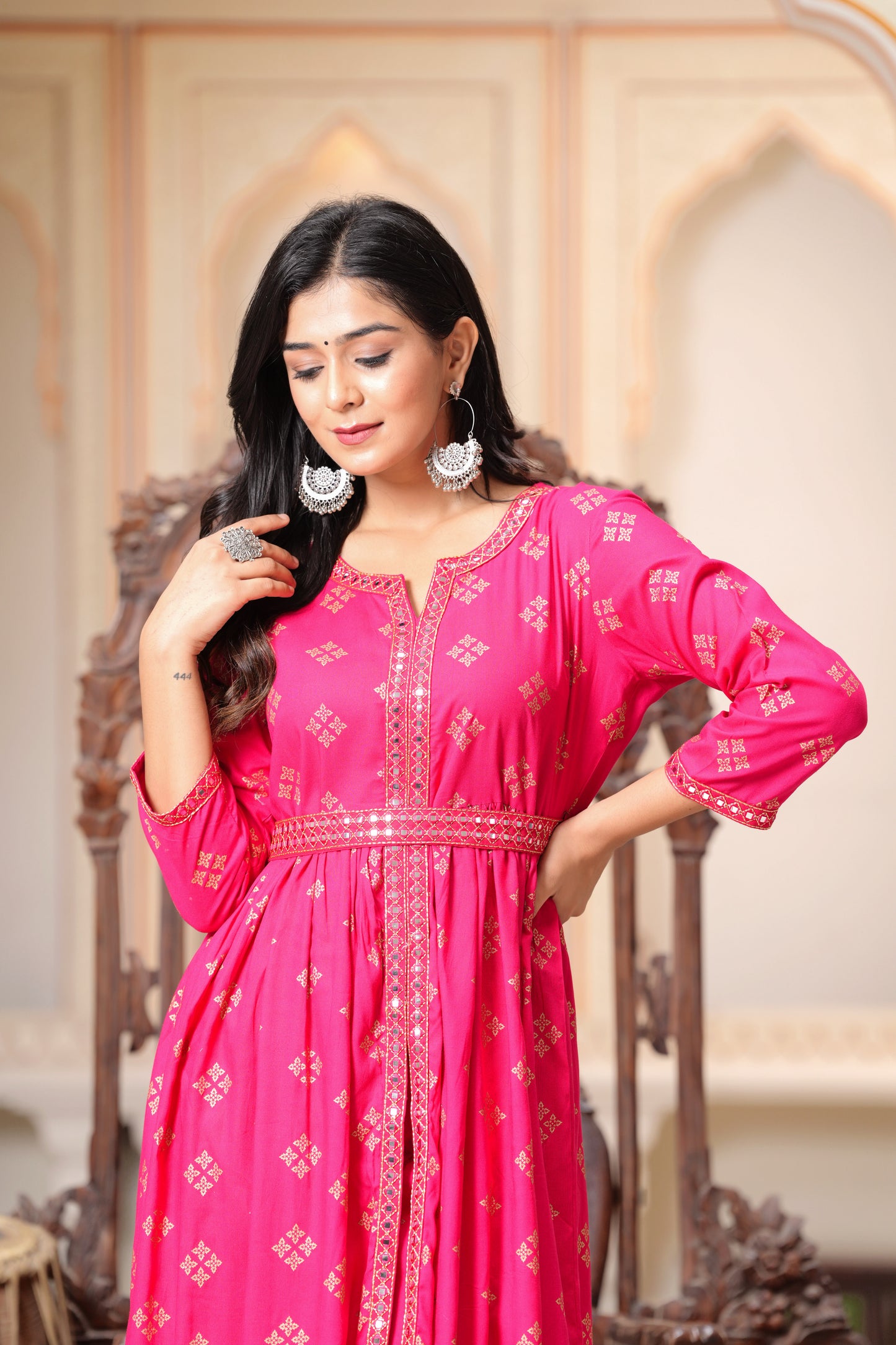 Floral Embroidered Flared Round Neck Anarkali Kurta With Trouser (Pink)