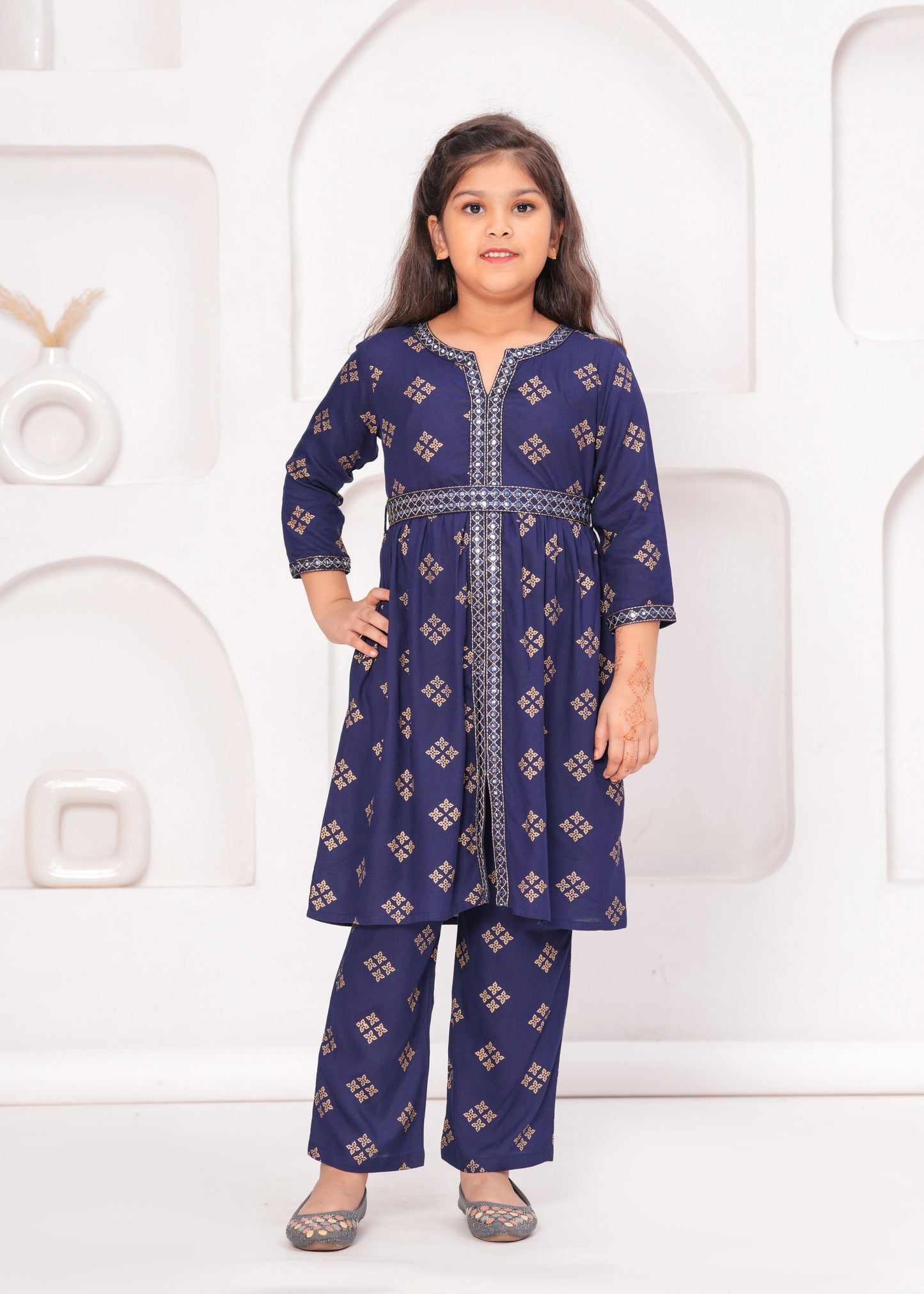 Blue Color Embroidered Printed Kurta Set For Girls