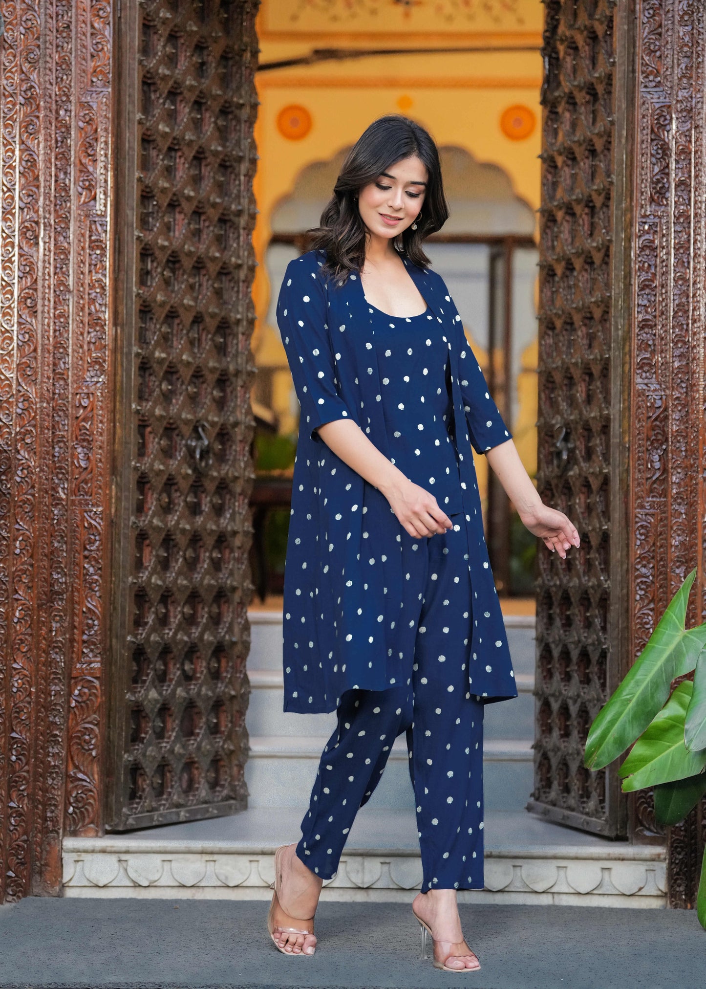 Blue Printed Top & Trousers With Shrug Co-Ords