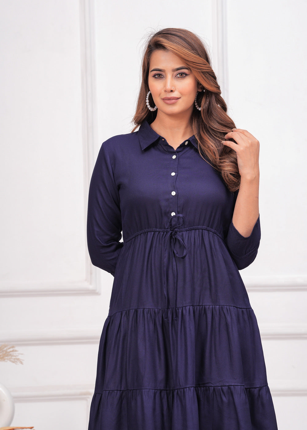 Navy Blue Women Shirt Collar Fit and Flare Dress