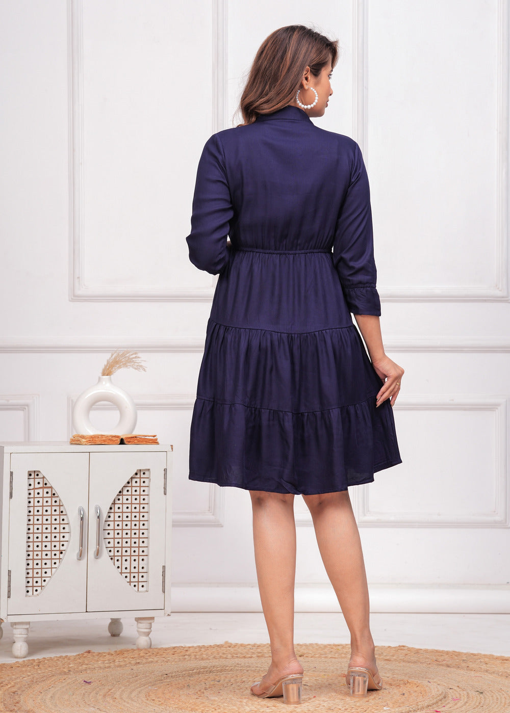 Navy Blue Women Shirt Collar Fit and Flare Dress