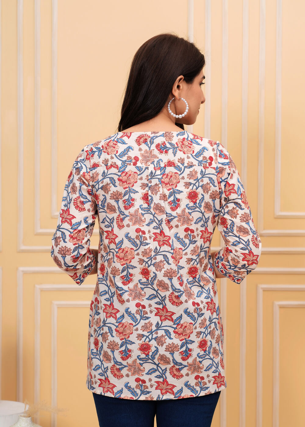 Off-White Floral Print Cotton Top