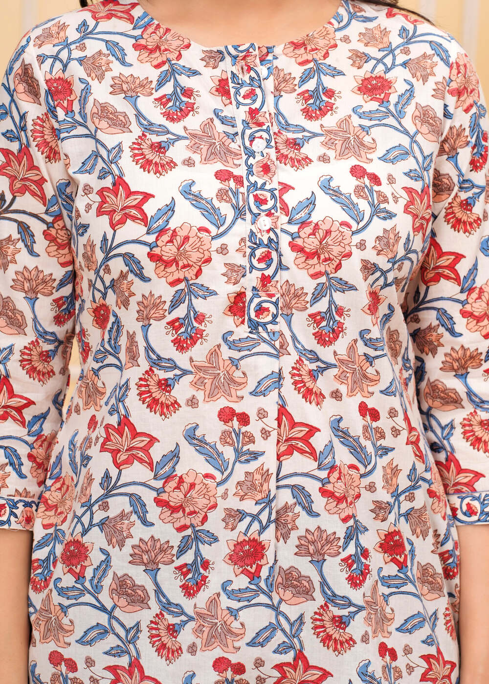 Off-White Floral Print Cotton Top