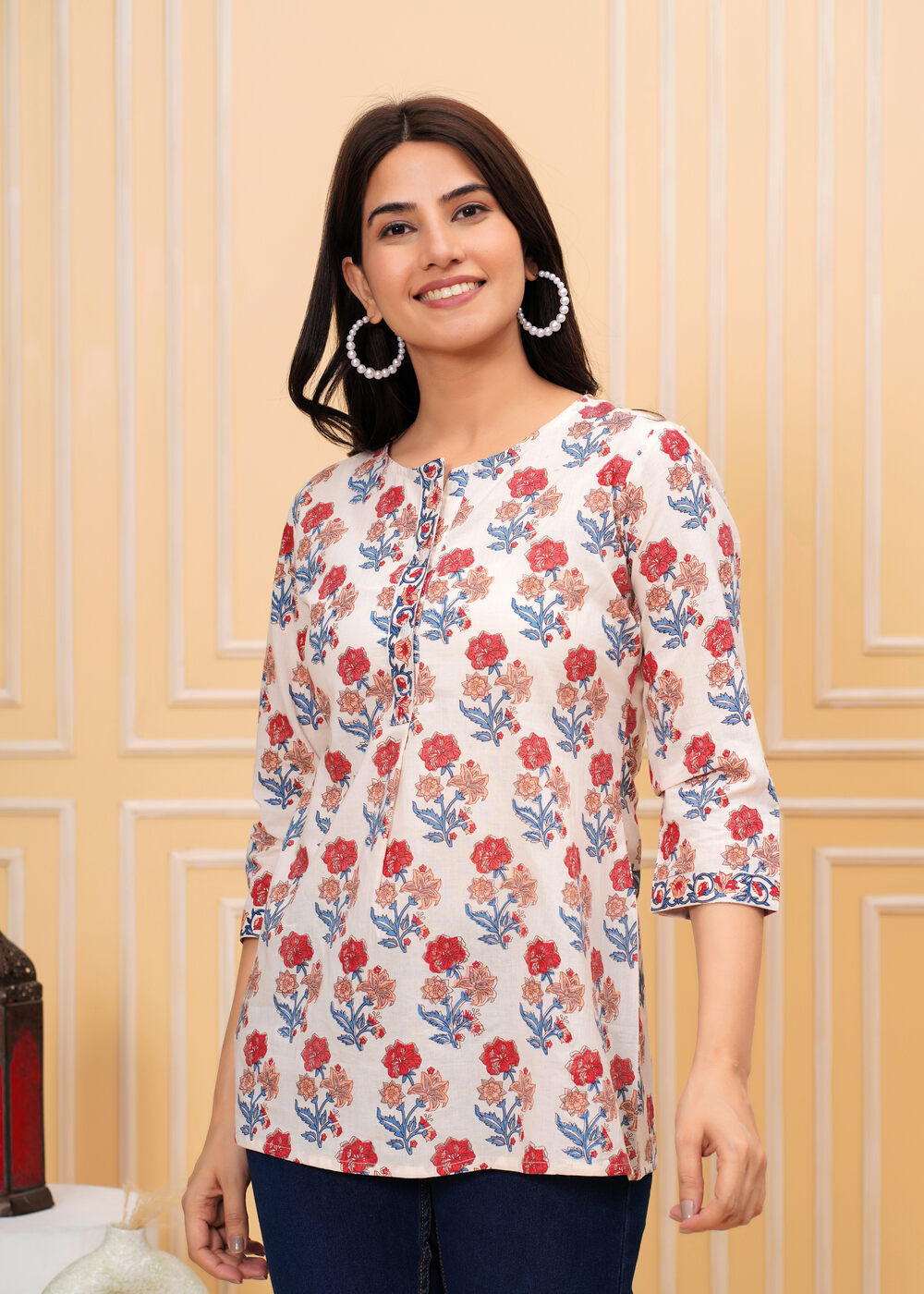 Off-White Floral Print Round Neck Cotton Top
