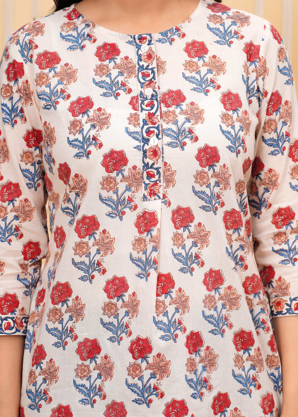 Off-White Floral Print Round Neck Cotton Top