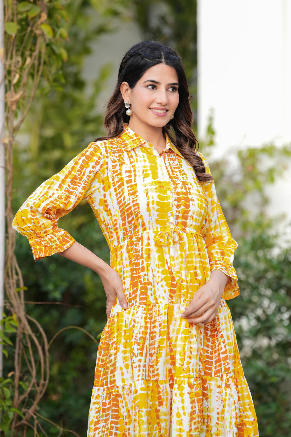 Yellow Tie and Dye Print A-Line Dress