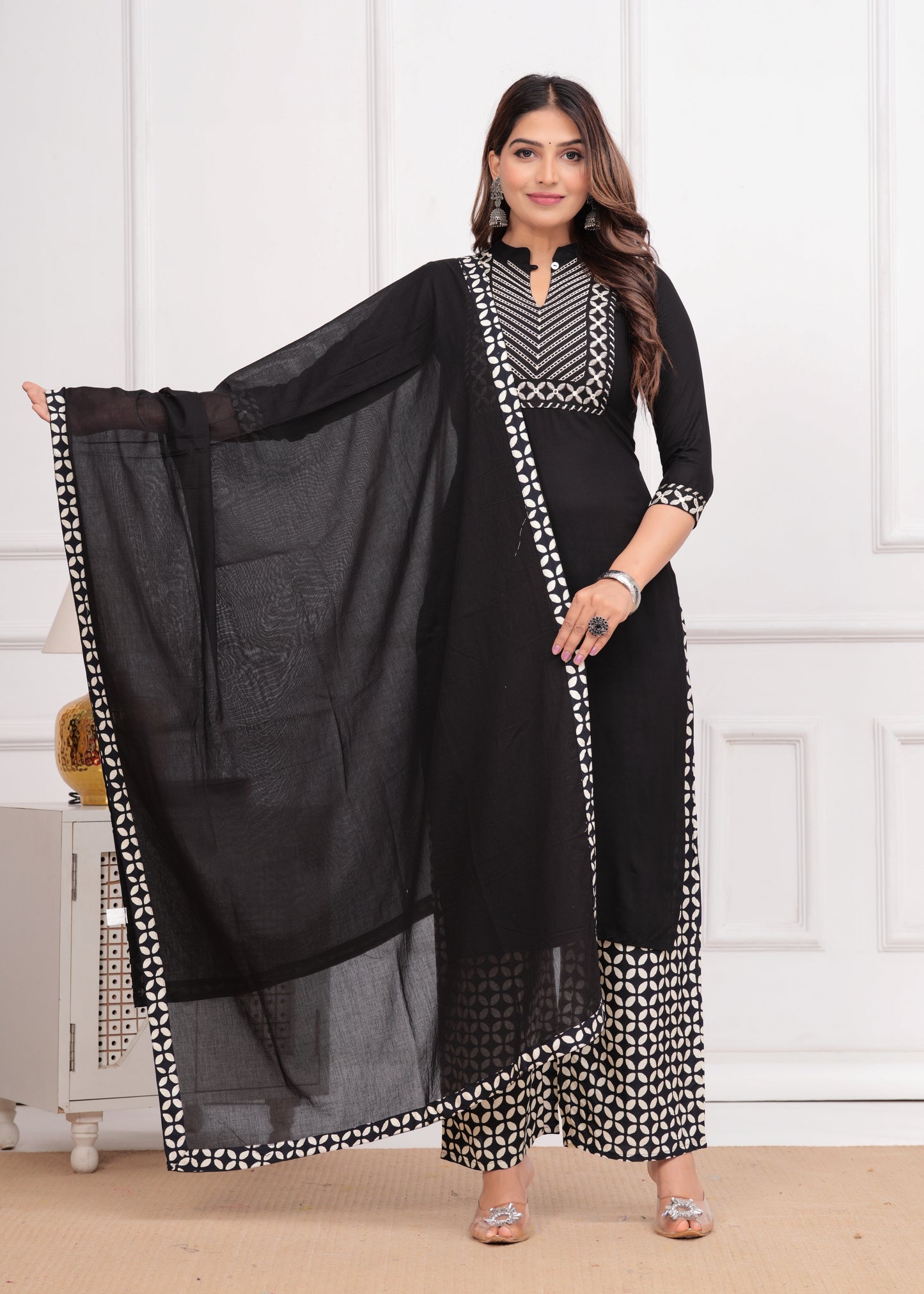 Ethnic Motifs Yoke Design Mirror Work Straight Kurta with Trousers & Dupatta