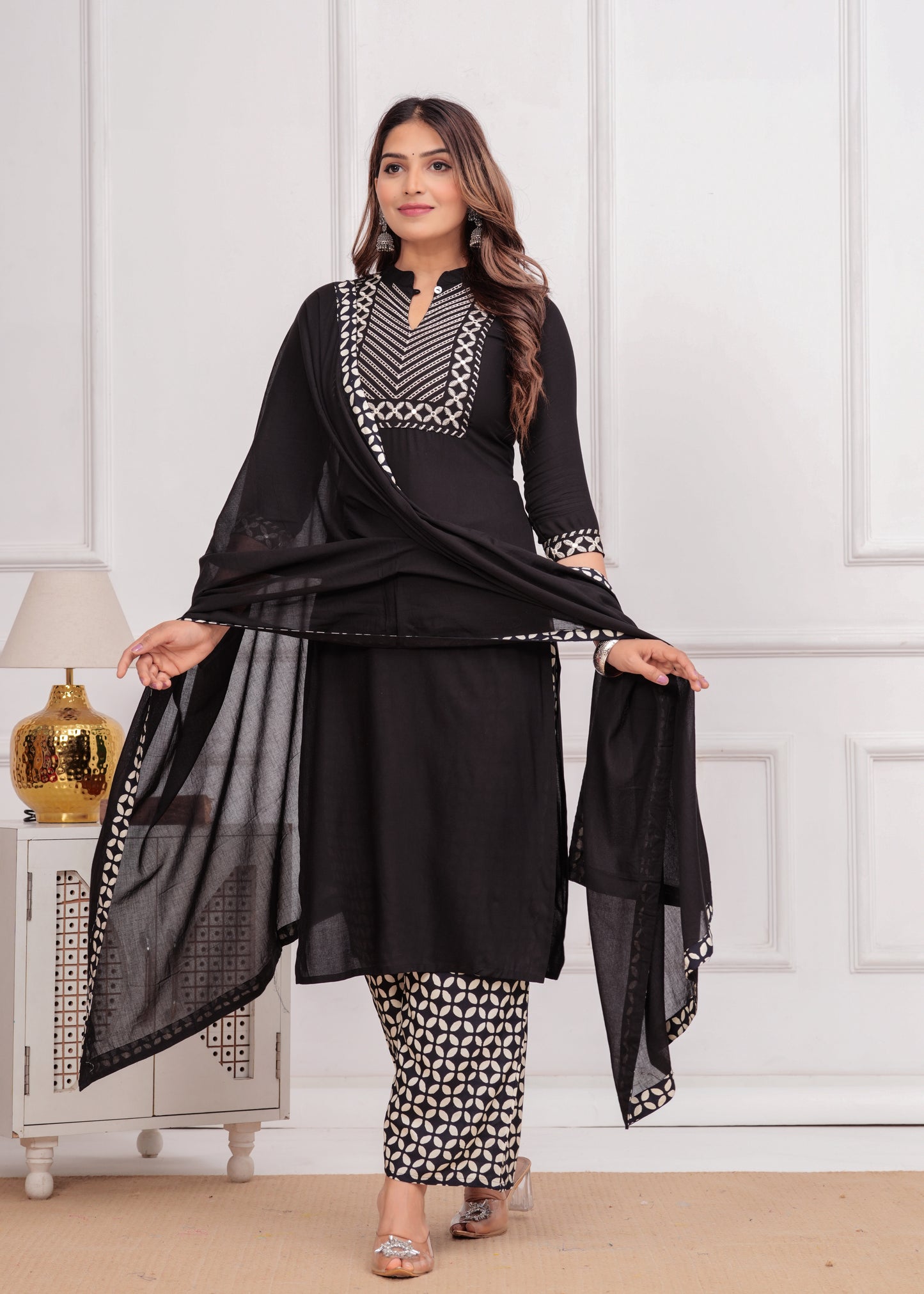 Ethnic Motifs Yoke Design Mirror Work Straight Kurta with Trousers & Dupatta