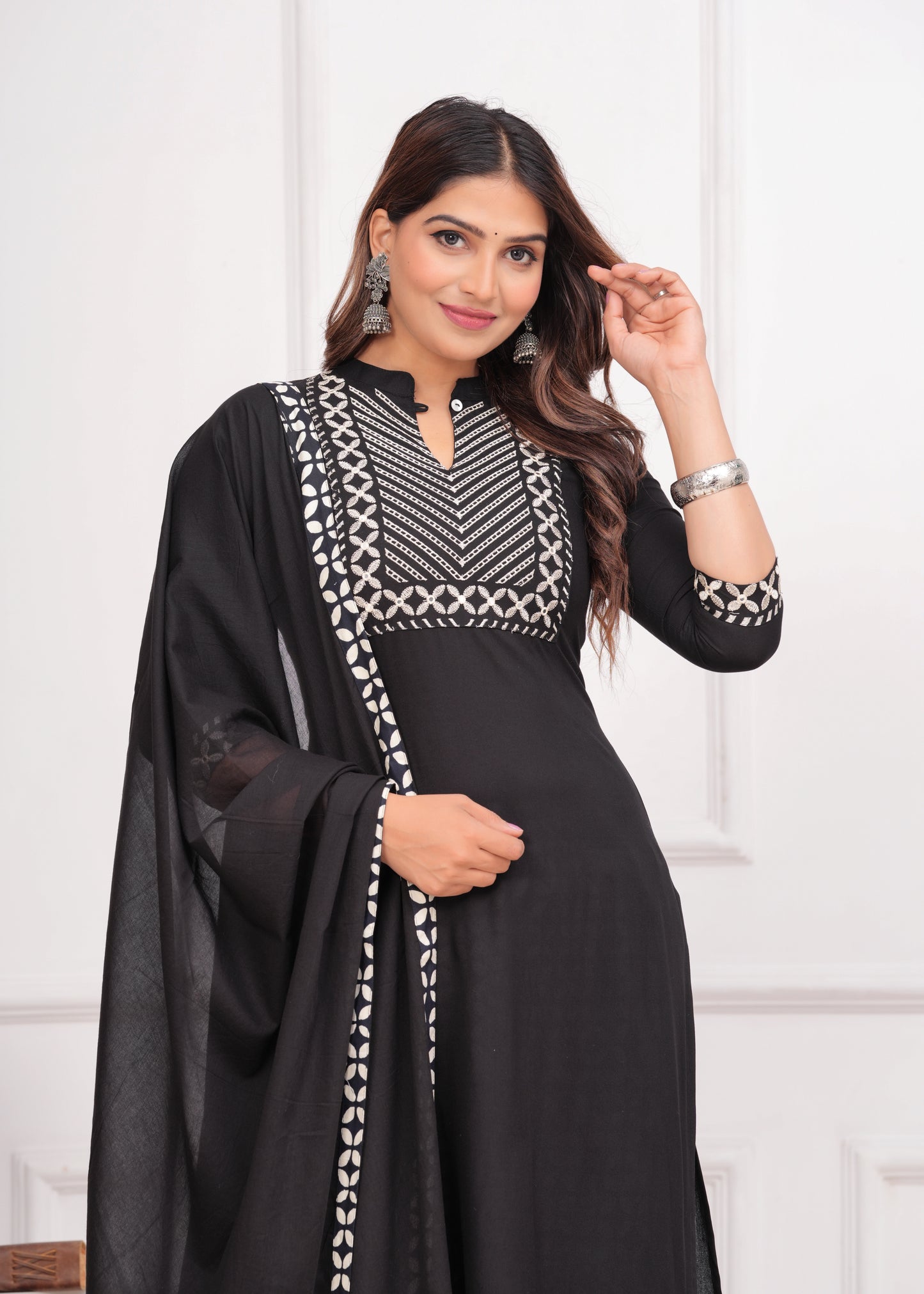 Ethnic Motifs Yoke Design Mirror Work Straight Kurta with Trousers & Dupatta