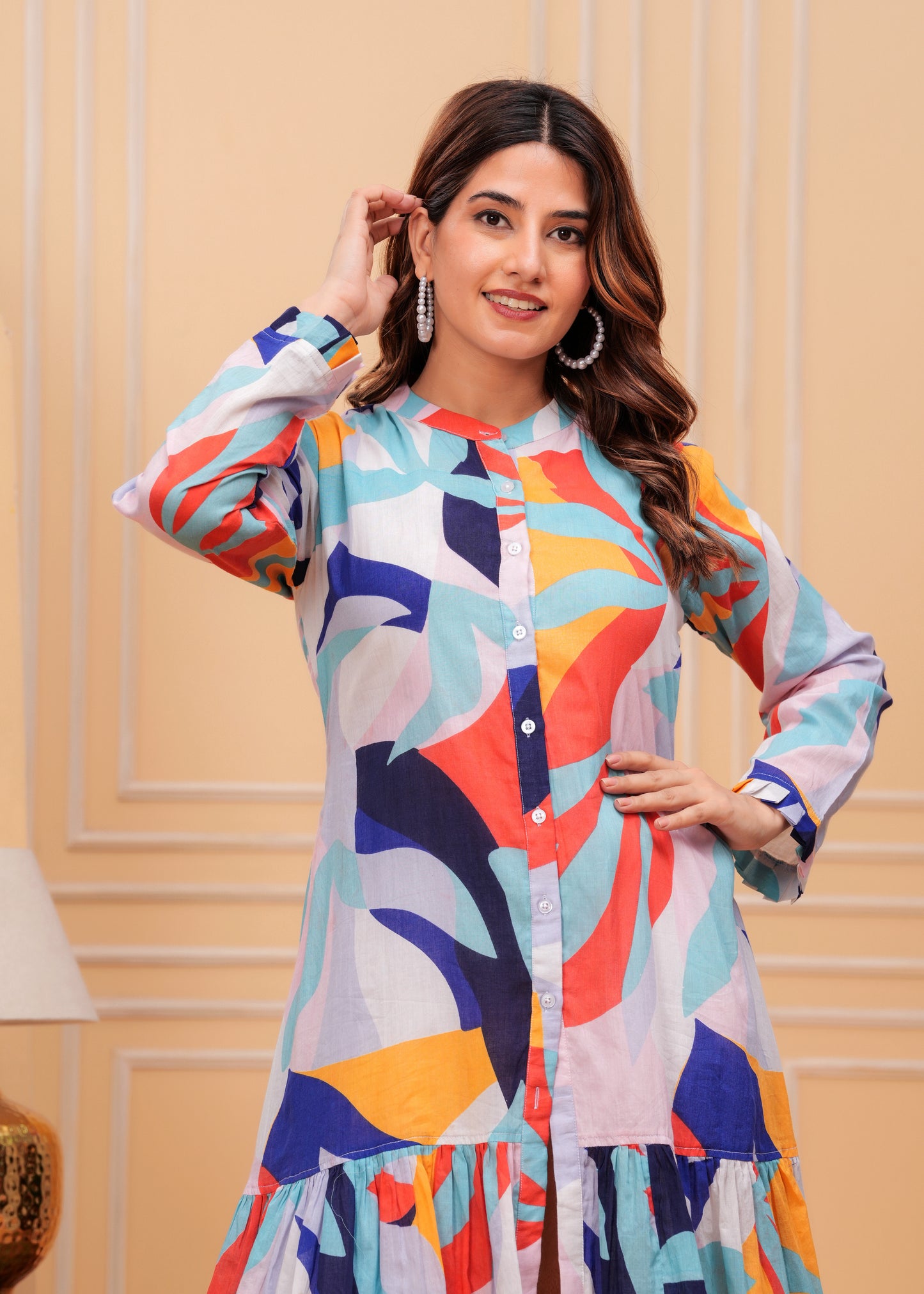 Women Cotton Abstract Printed Shirt Dress