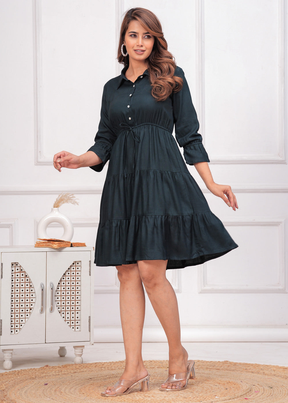 Green Women Shirt Collar Fit and Flare Dress