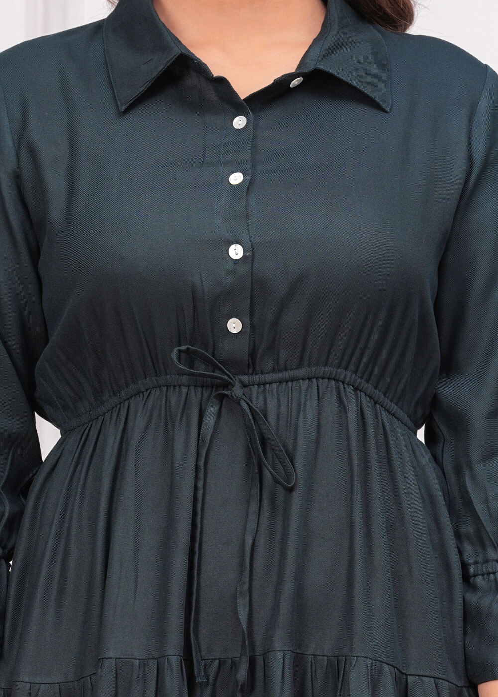 Green Women Shirt Collar Fit and Flare Dress