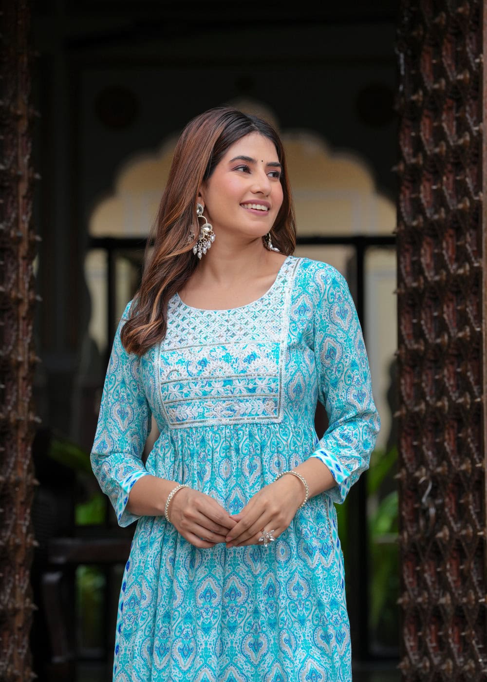 Blue & White Ethnic Motifs Embroidered Thread Work Kurta with Trousers