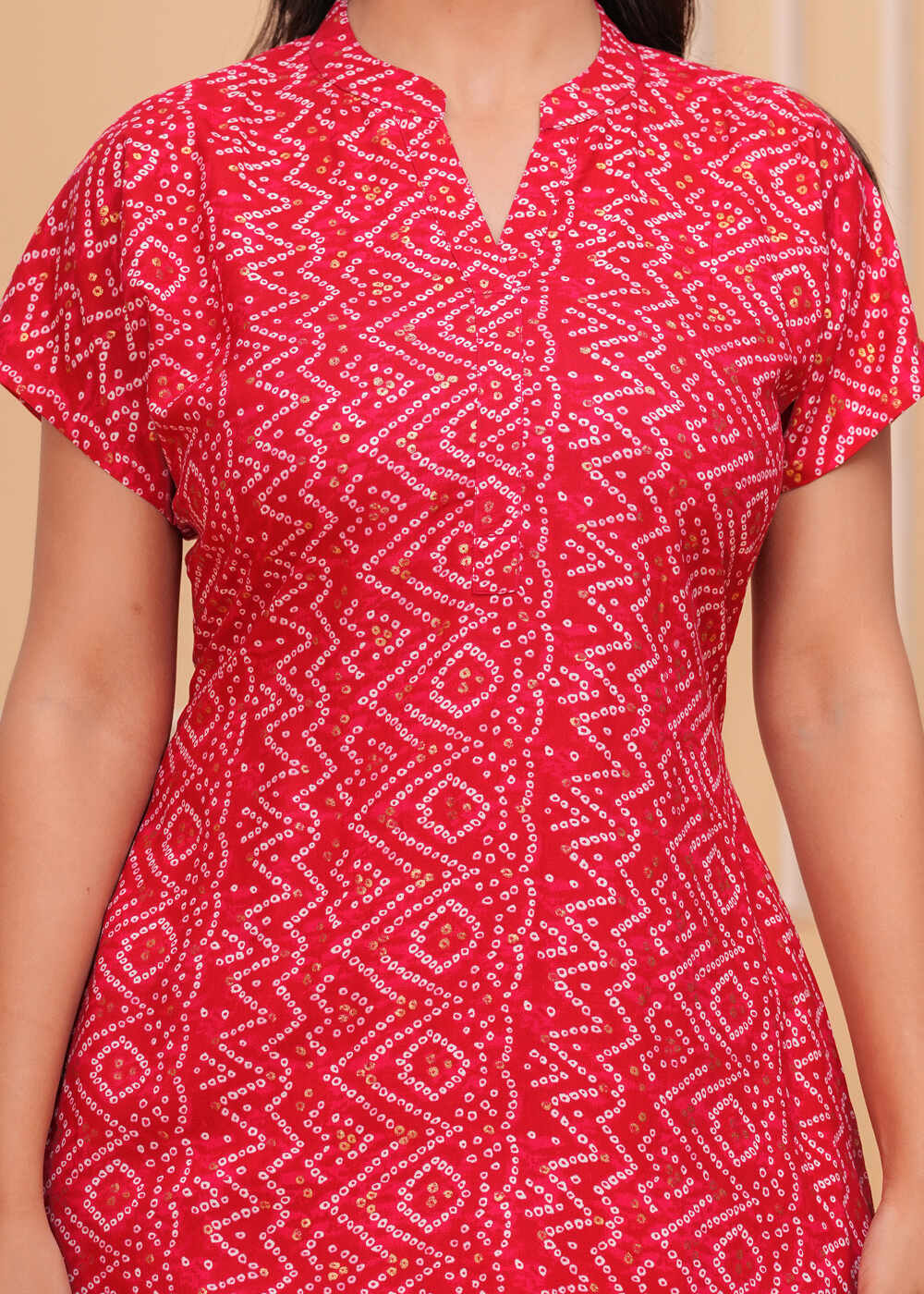 Pink Printed Mandarin Collar Short Sleeves Pure Cotton Top With Trouser