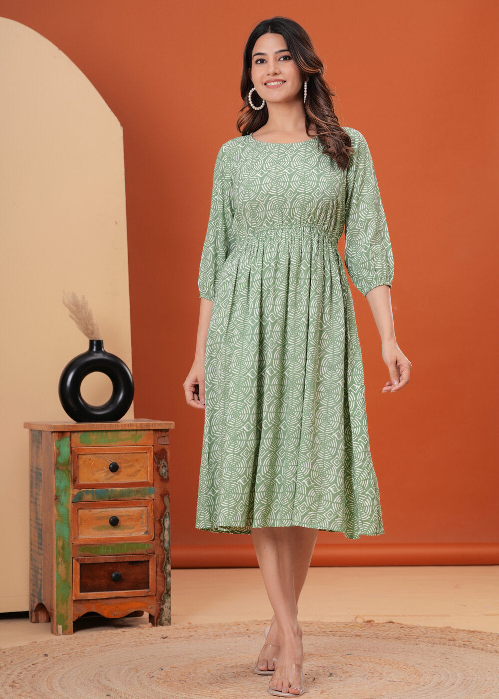 Sea Green Tie and Dye Print A-Line Dress