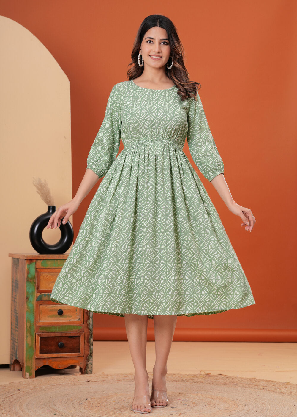 Sea Green Tie and Dye Print A-Line Dress