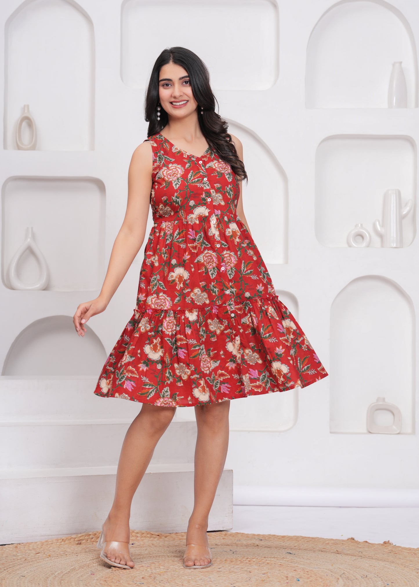 Floral Print Cotton A-Line Dress