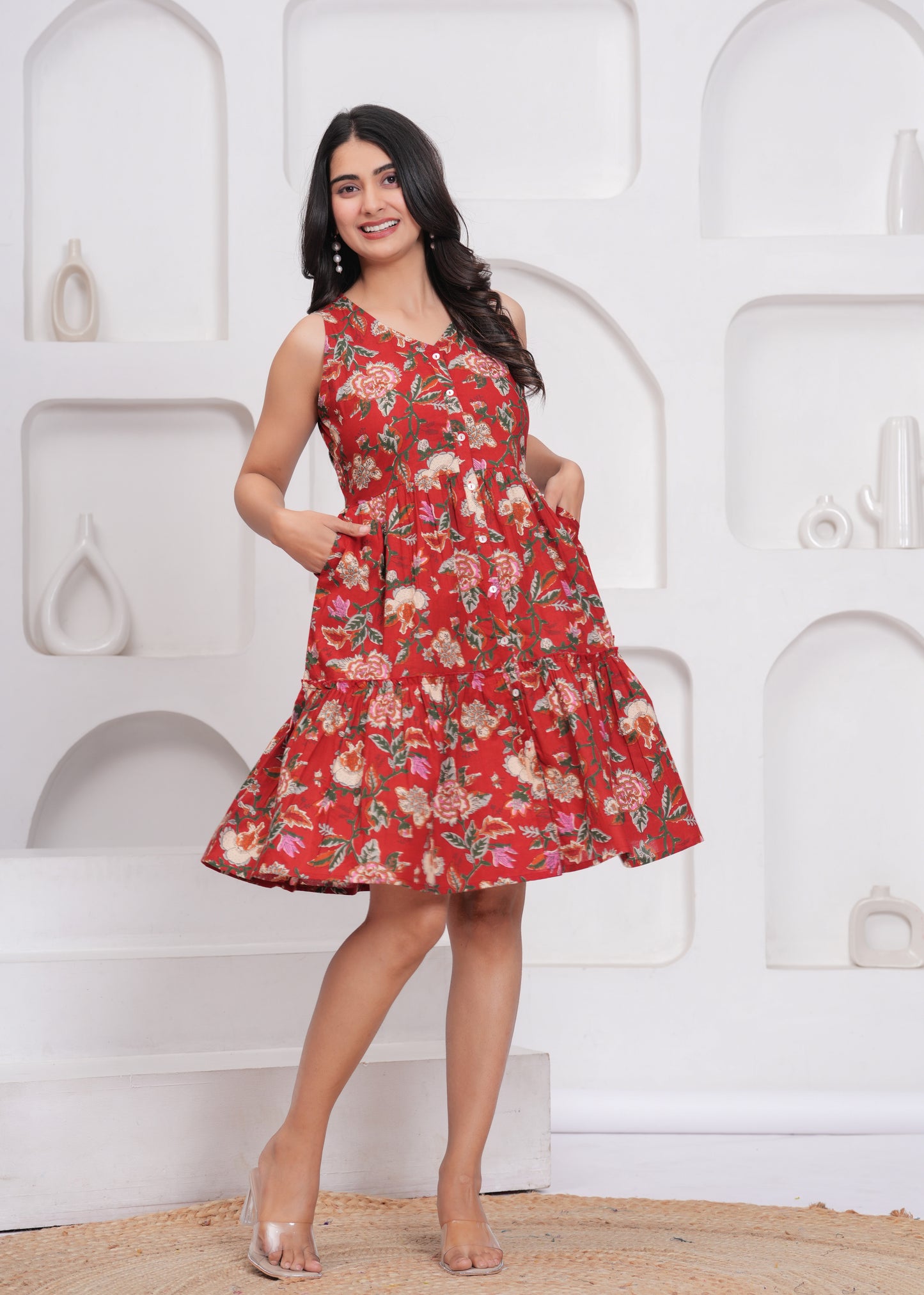 Floral Print Cotton A-Line Dress