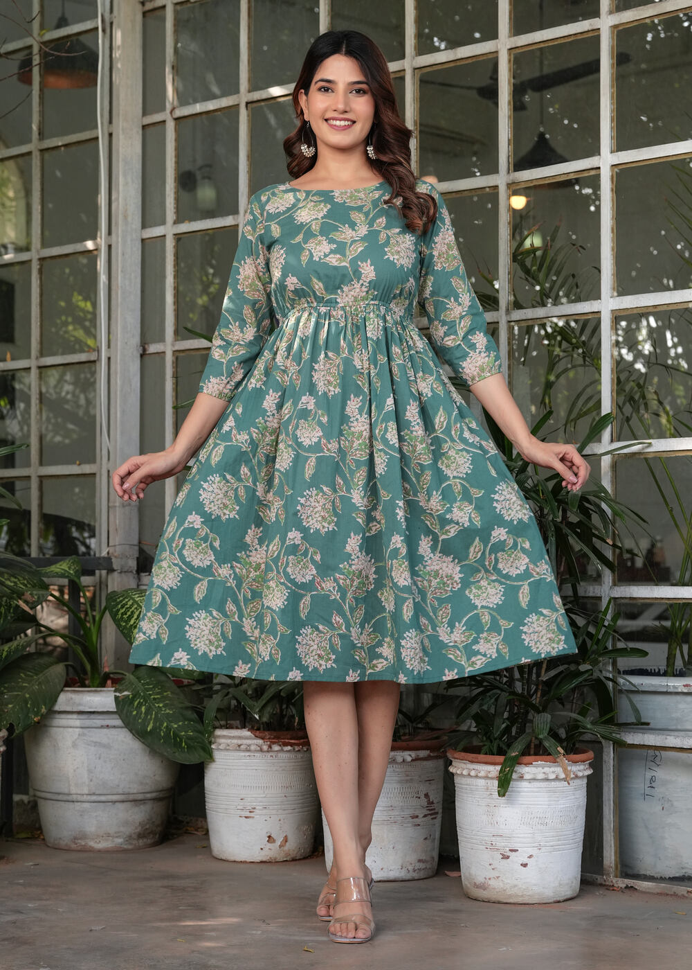 Green Floral Printed Cotton Fit and Flare Dress