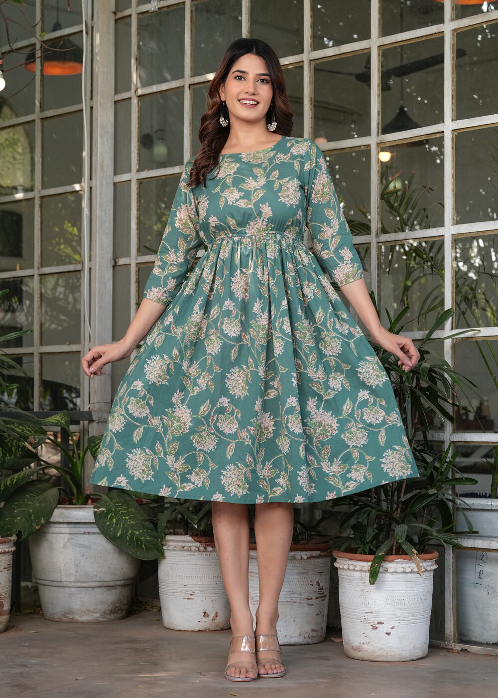 Green Floral Printed Cotton Fit and Flare Dress