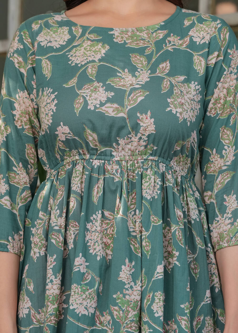 Green Floral Printed Cotton Fit and Flare Dress