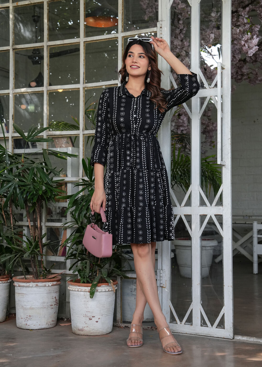 Black Floral Printed Cotton Fit and Flare Dress