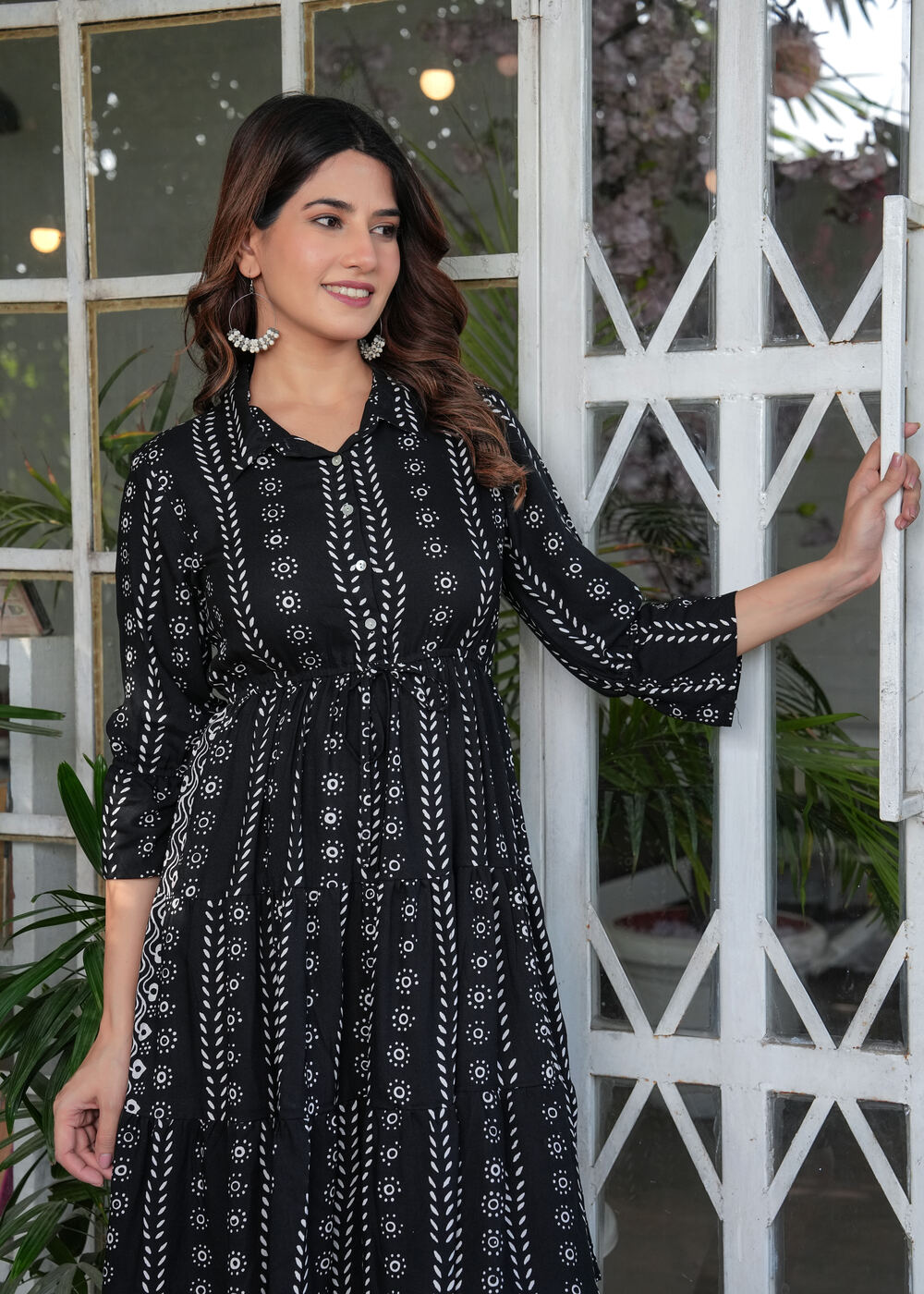 Black Floral Printed Cotton Fit and Flare Dress