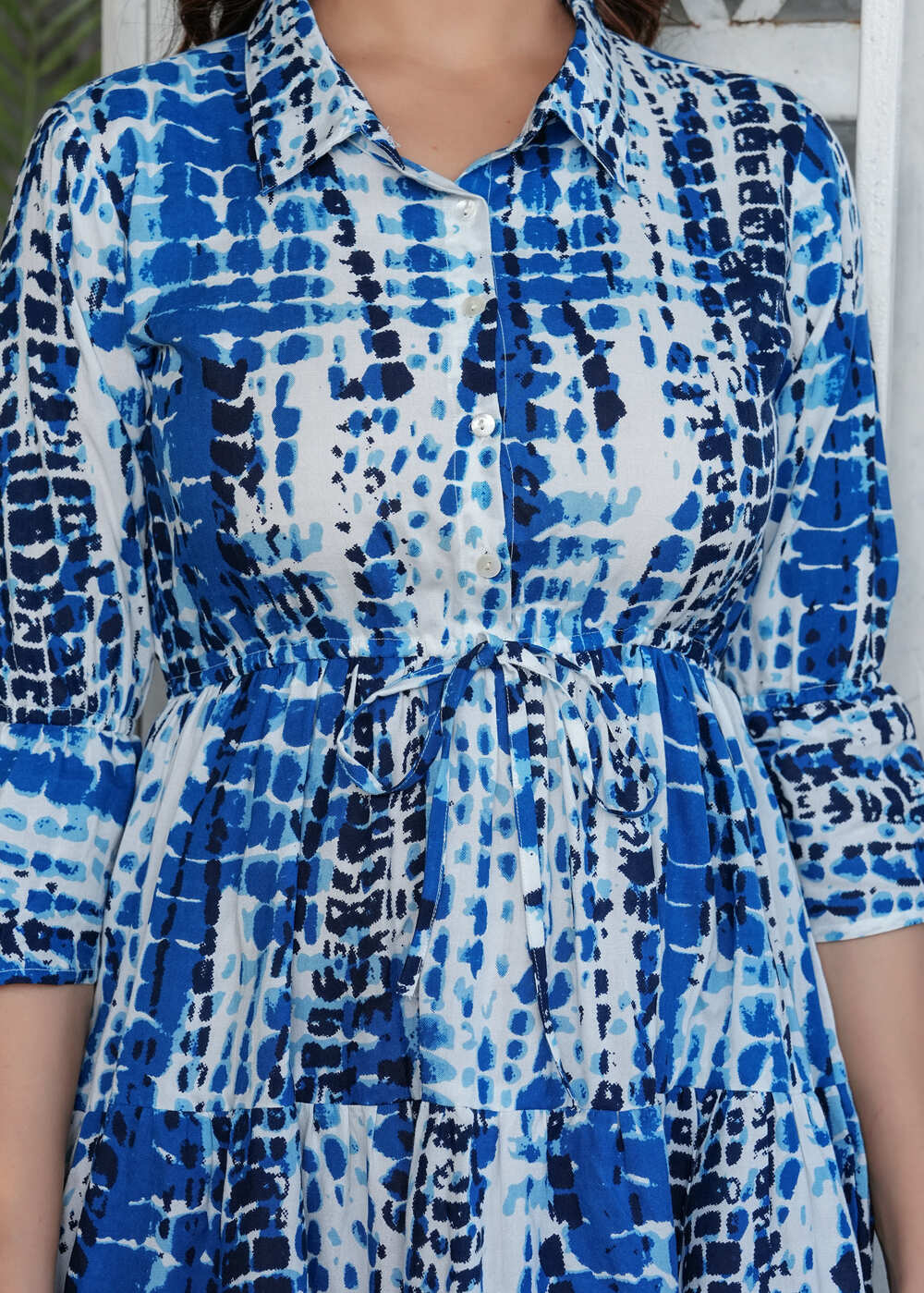 Blue and White Women Tie and Dye Print A-Line Holi Dress