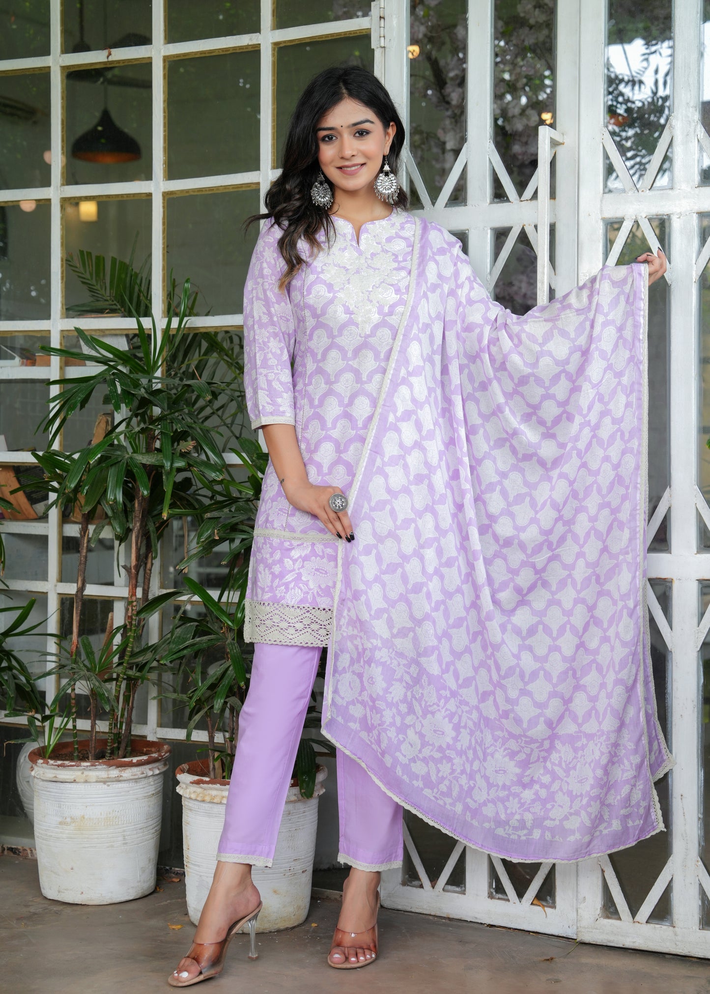 Floral Printed Thread Work Pure Cotton Kurta With Trousers & Dupatta