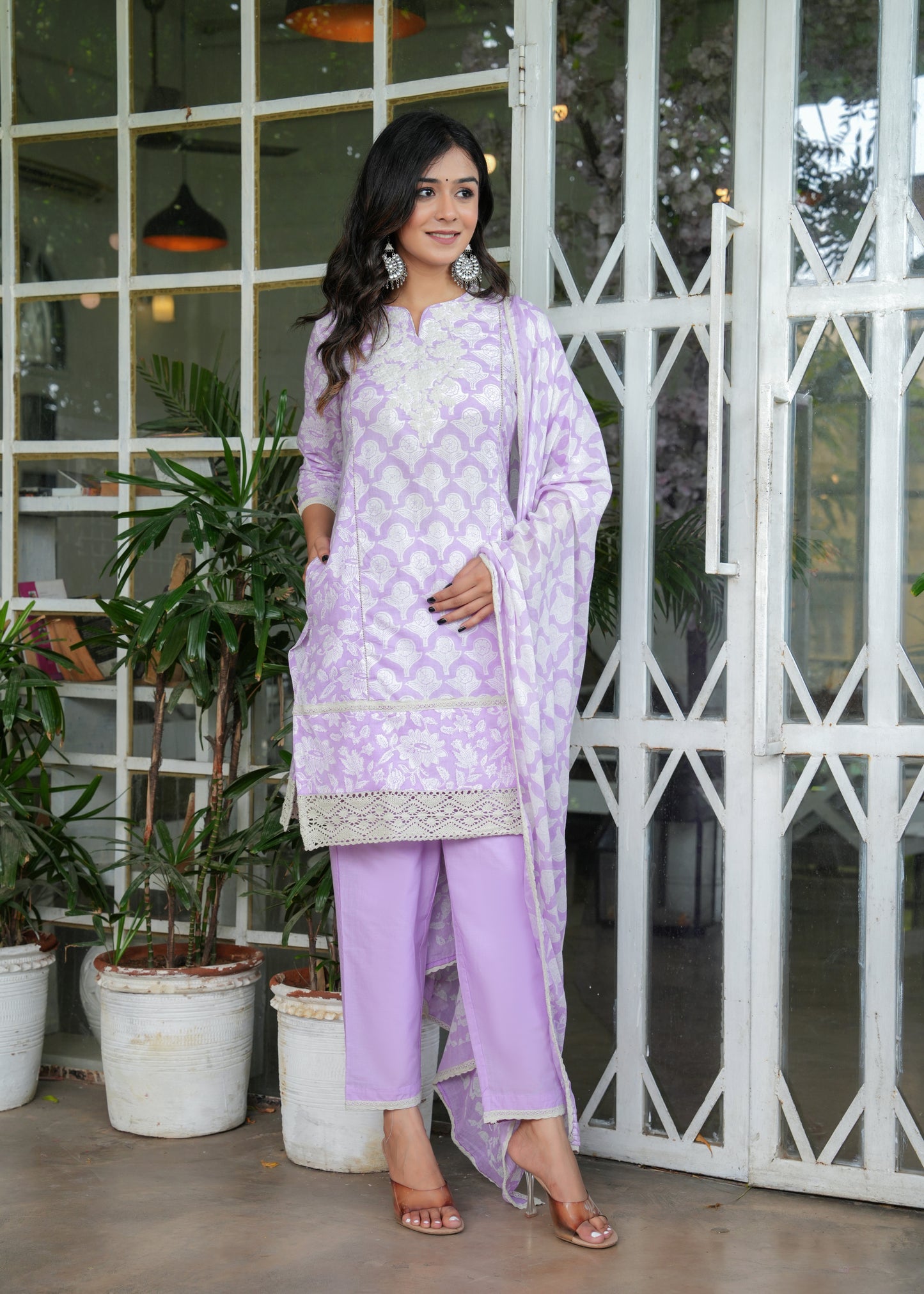 Floral Printed Thread Work Pure Cotton Kurta With Trousers & Dupatta