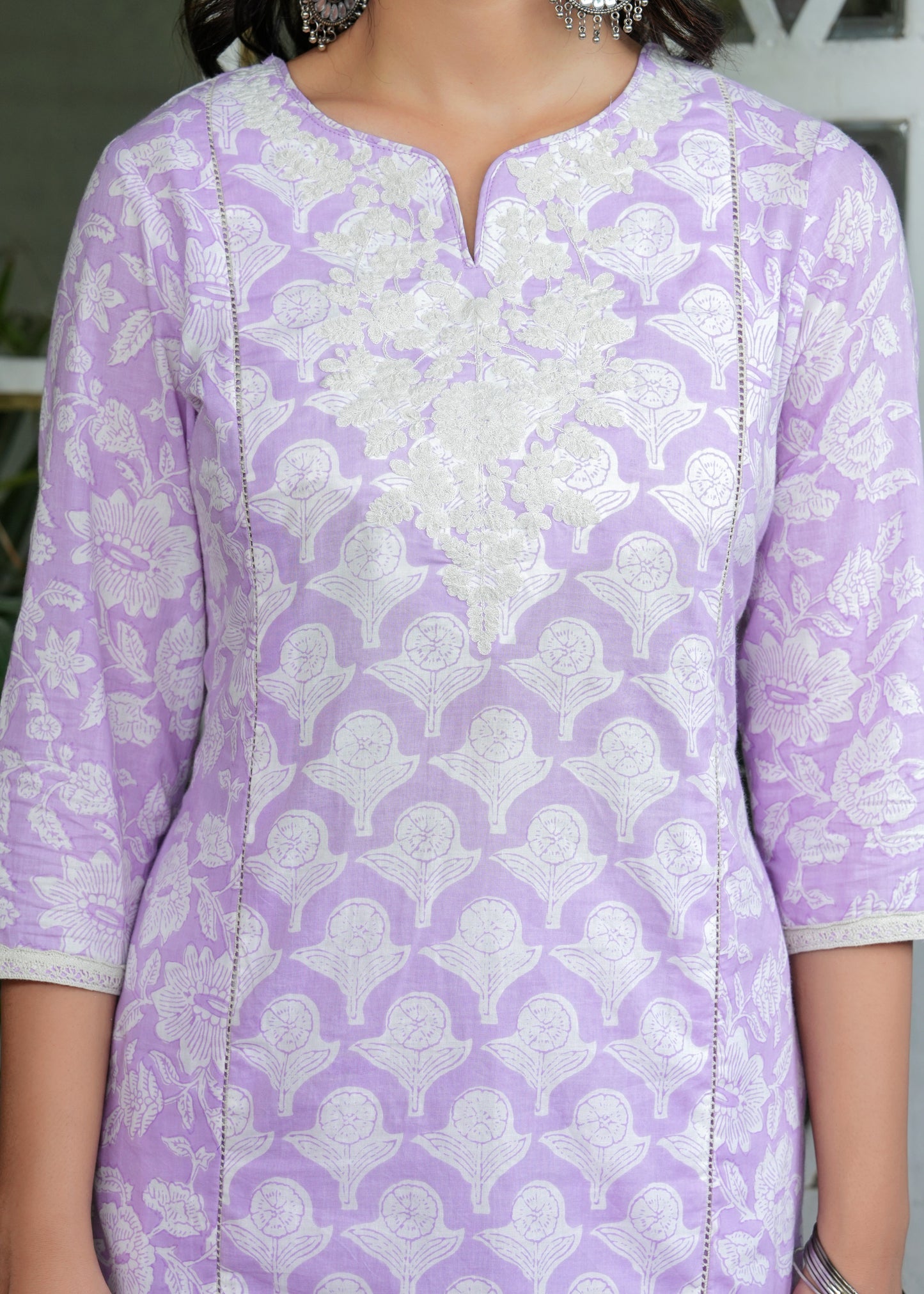 Floral Printed Thread Work Pure Cotton Kurta With Trousers & Dupatta