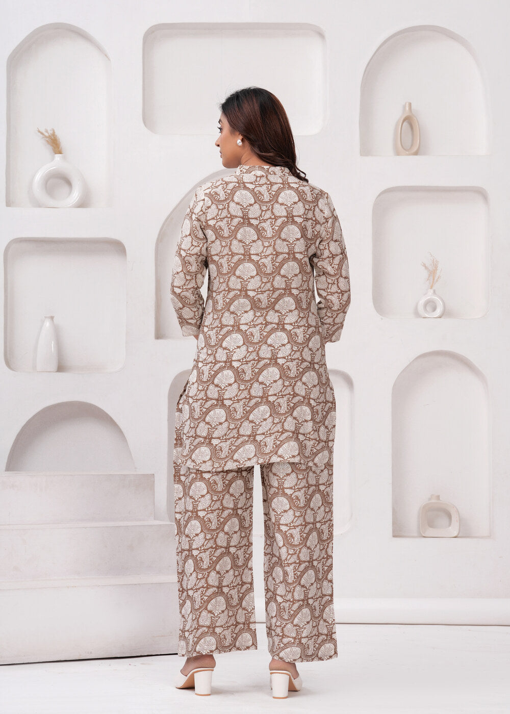 Brown & White Printed Mandarin Collar Tunic With Trousers Co-Ords Set