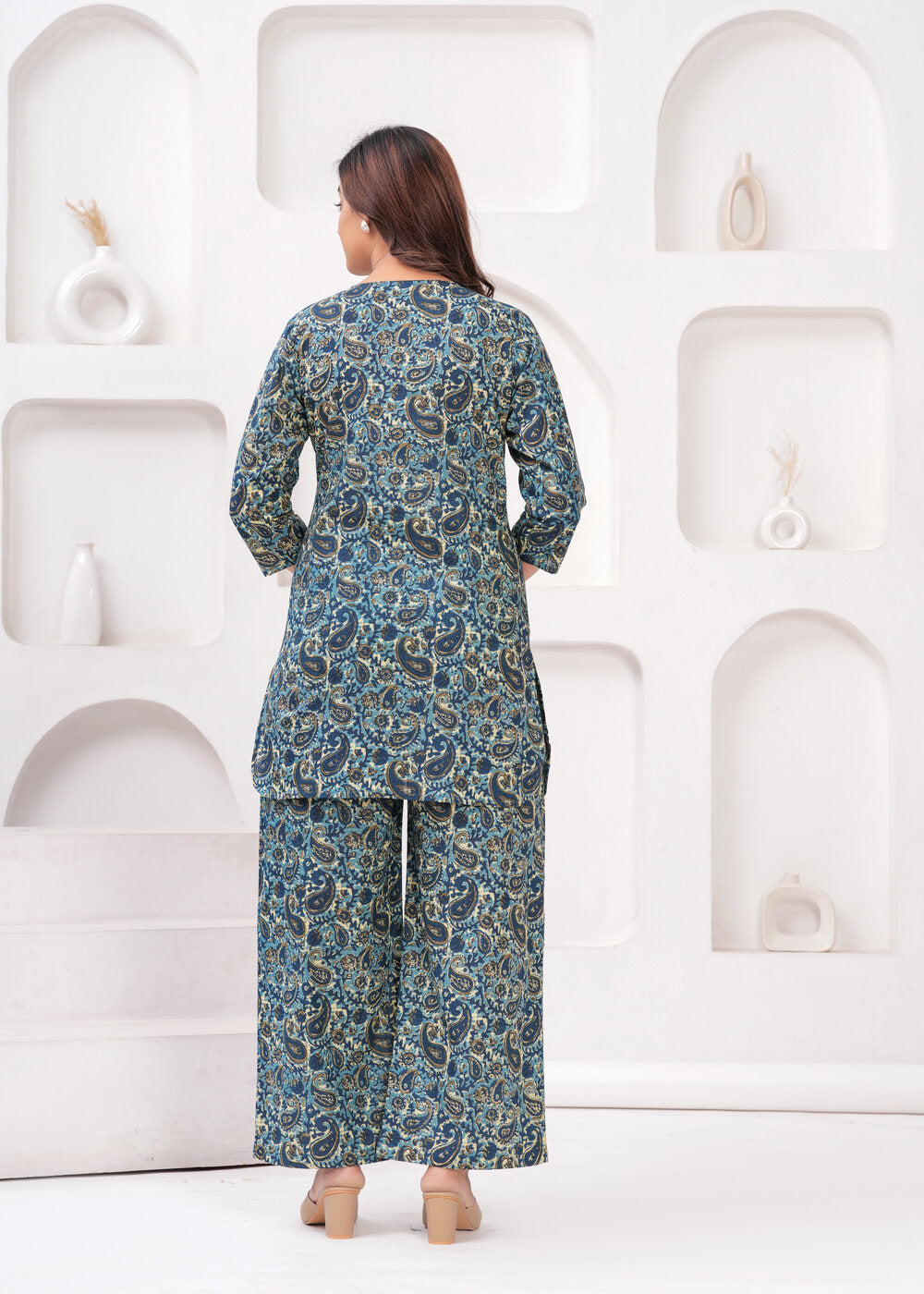 Blue, White & Brown Printed Mandarin Collar Tunic With Trousers Co-Ords Set