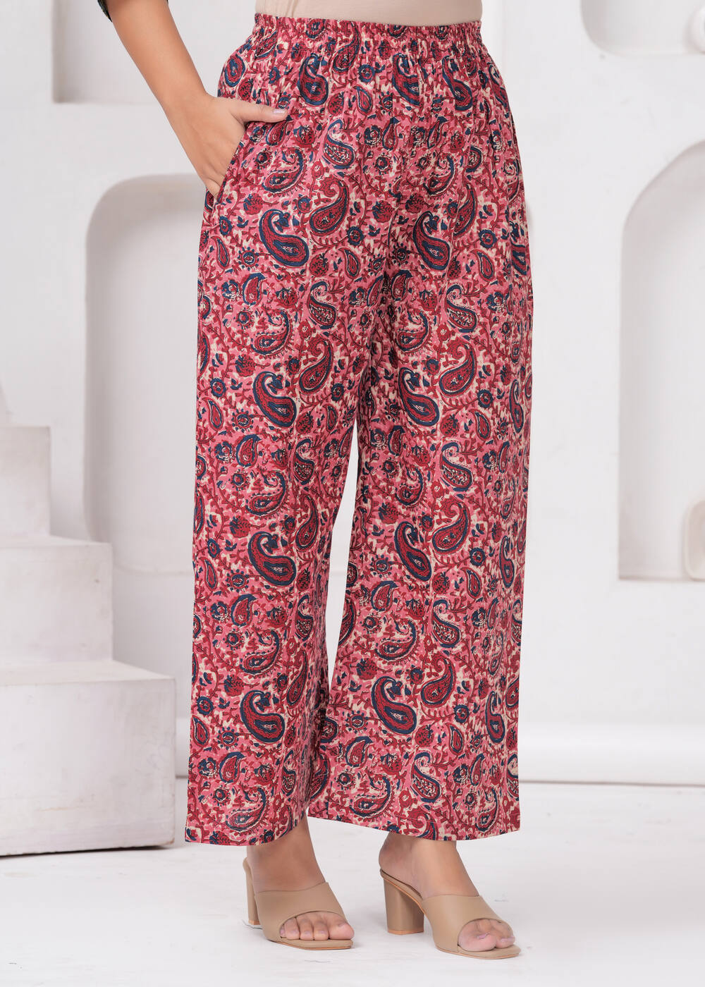 Maroon and White Printed Mandarin Collar Tunic With Trousers Co-Ords Set