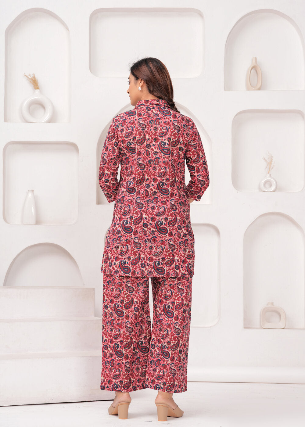 Maroon and White Printed Mandarin Collar Tunic With Trousers Co-Ords Set