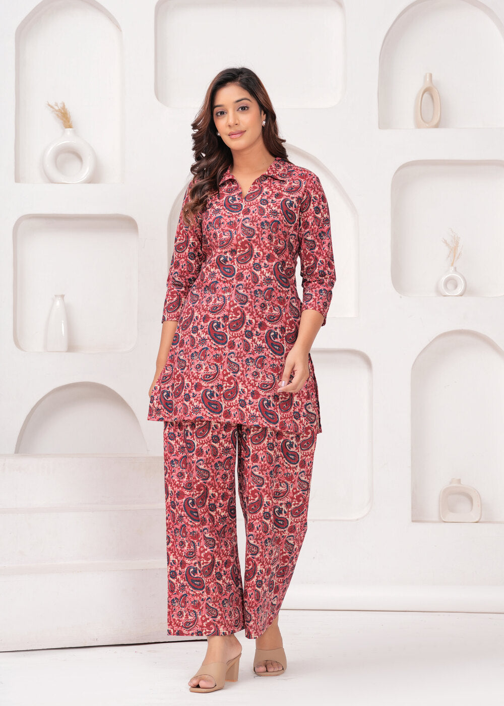Maroon and White Printed Mandarin Collar Tunic With Trousers Co-Ords Set