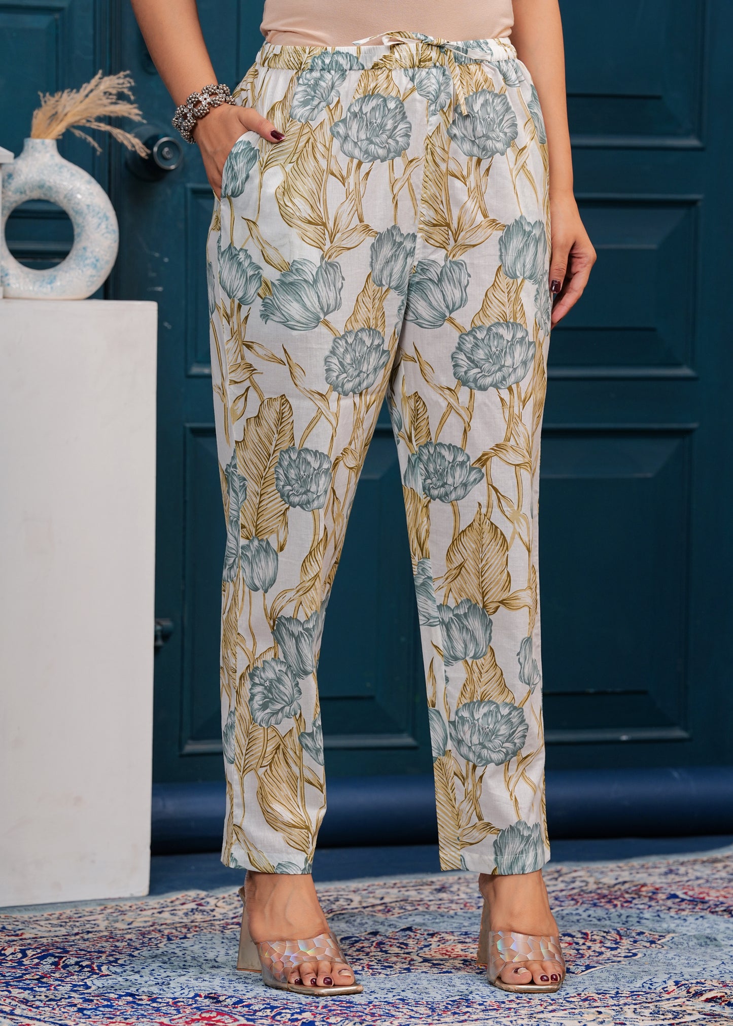 Off white and Blue Printed Pure Cotton Top With Trousers Co-Ords