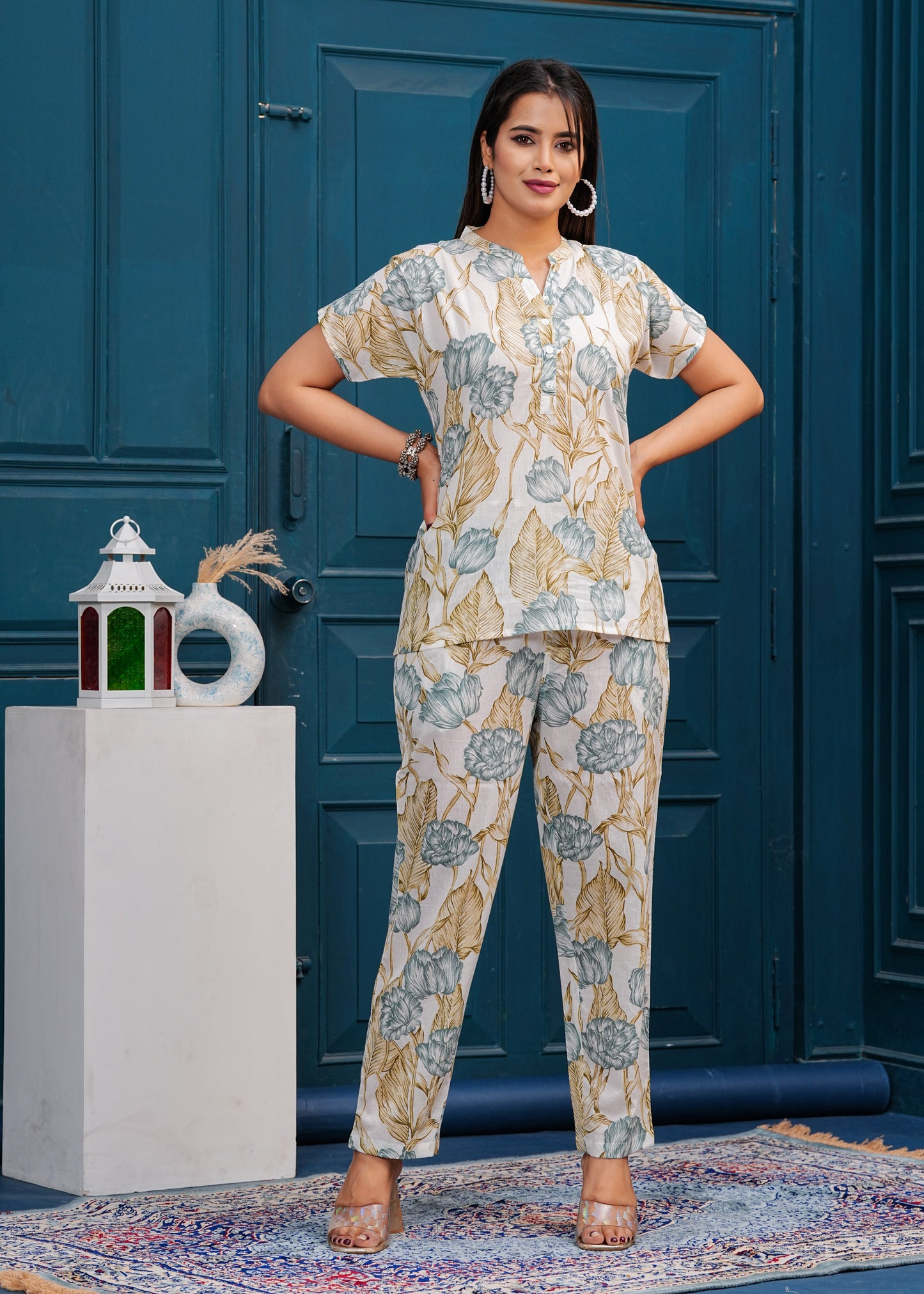 Off white and Blue Printed Pure Cotton Top With Trousers Co-Ords