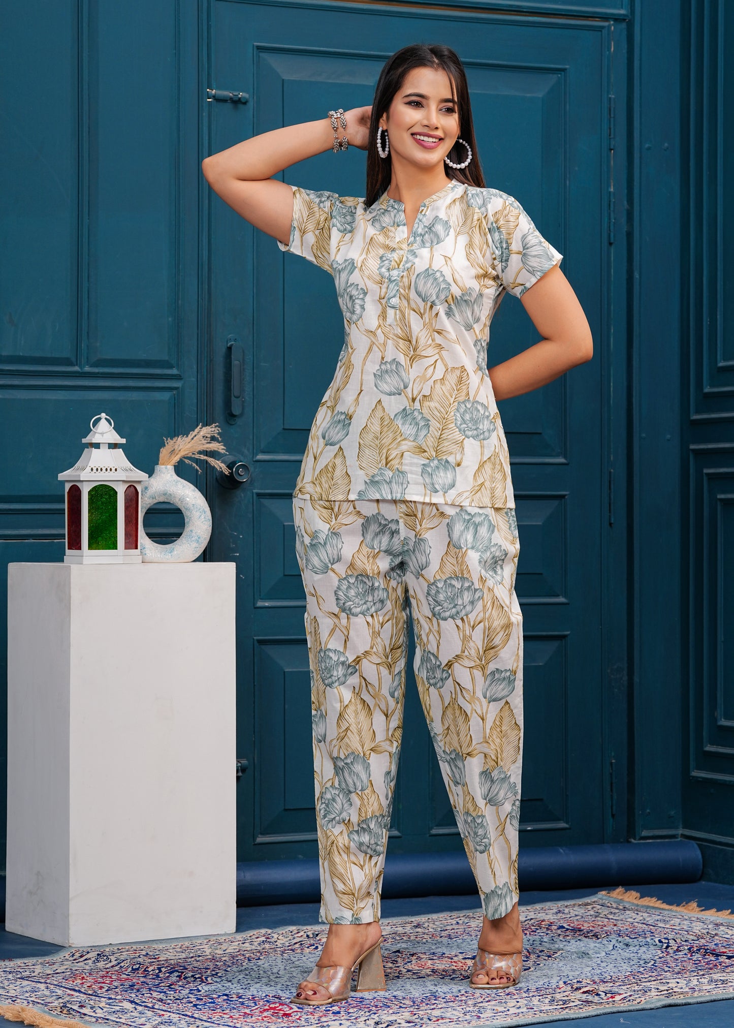 Off white and Blue Printed Pure Cotton Top With Trousers Co-Ords