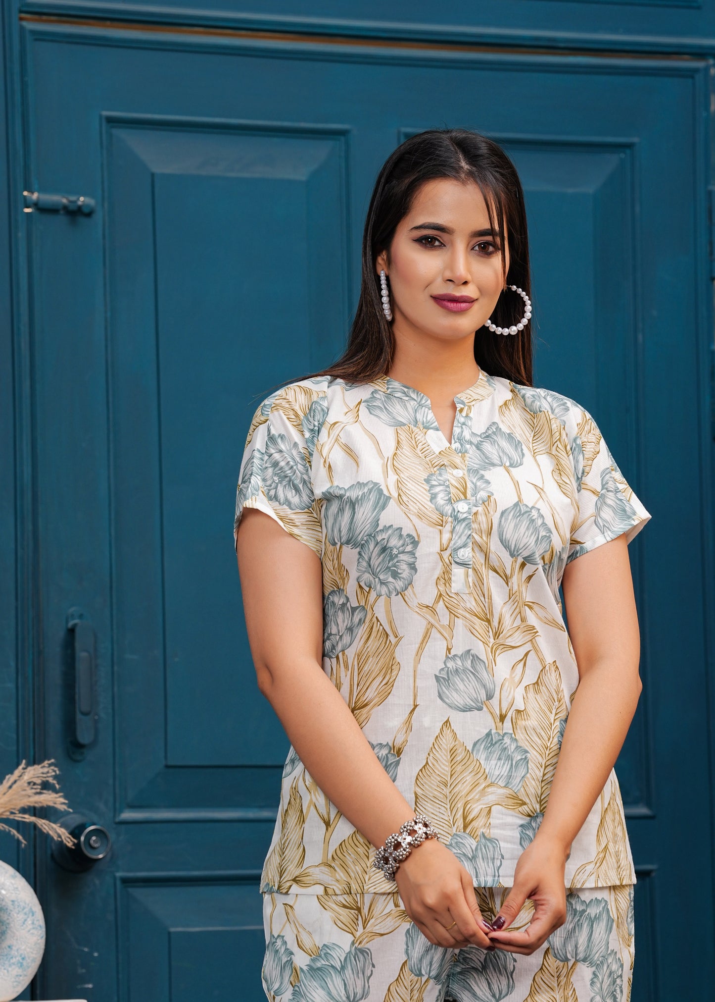 Off white and Blue Printed Pure Cotton Top With Trousers Co-Ords