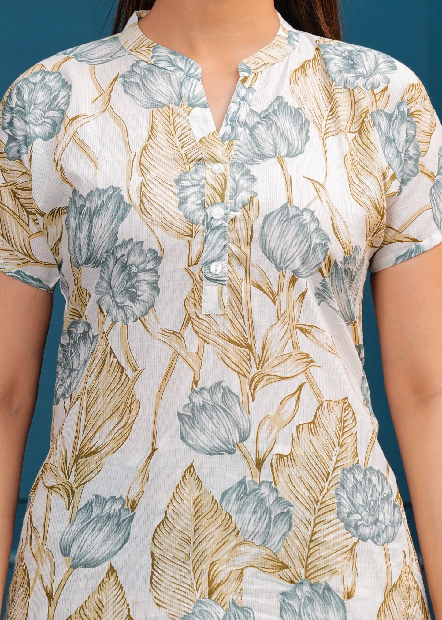 Off white and Blue Printed Pure Cotton Top With Trousers Co-Ords