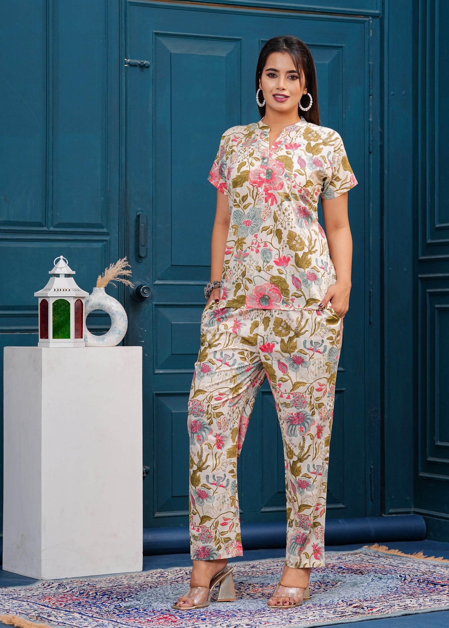 Off White Beige & Pink Printed Short Sleeve Top & Trouser Co-Ords