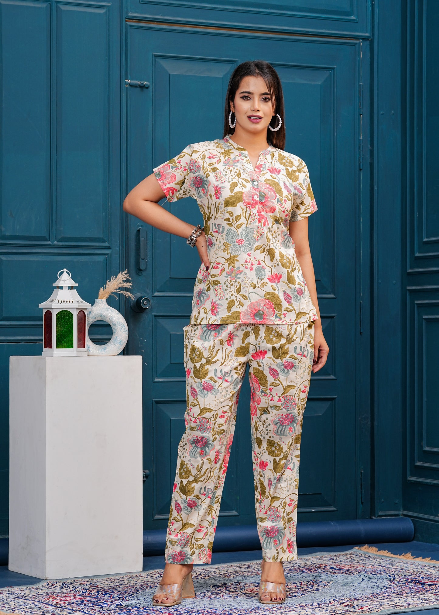 Off White Beige & Pink Printed Short Sleeve Top & Trouser Co-Ords