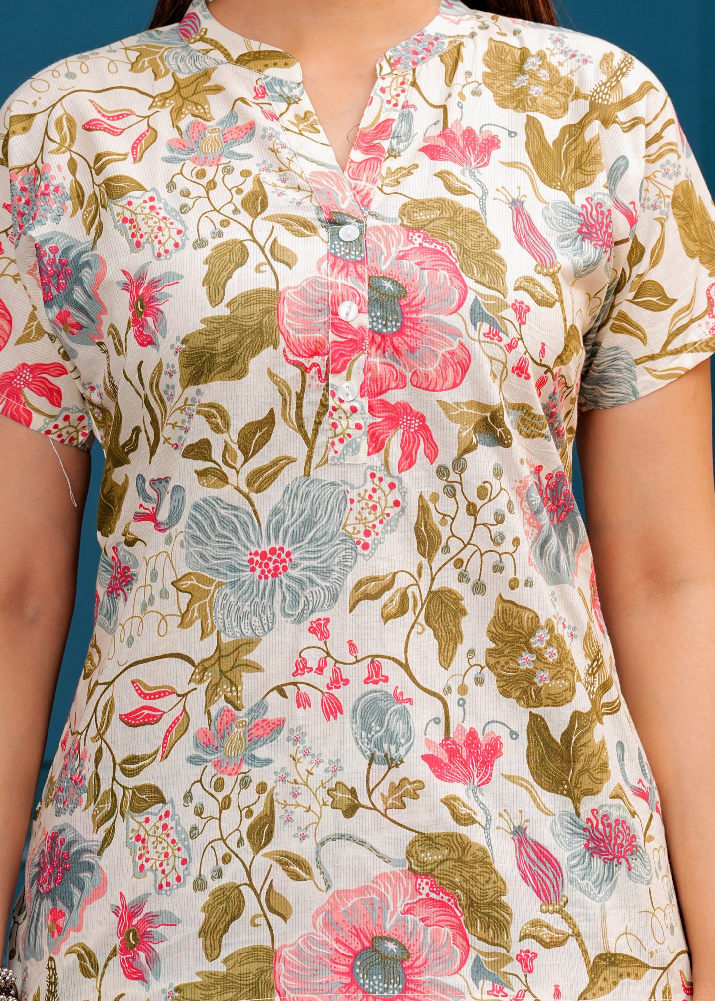 Off White Beige & Pink Printed Short Sleeve Top & Trouser Co-Ords